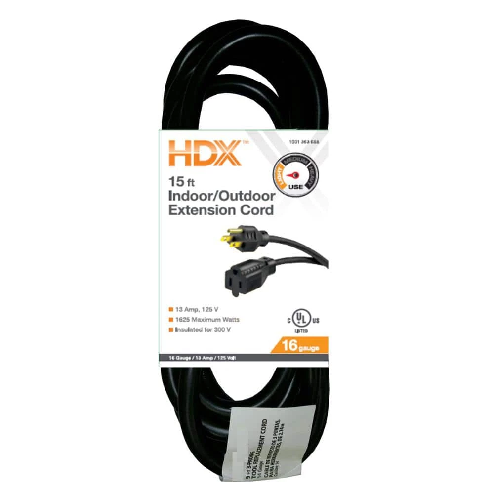 HDX 15 ft. 16/3 Indoor/Outdoor Extension Cord, Black 1 HDX 15 ft. 16/3 Indoor/Outdoor Extension Cord, Black