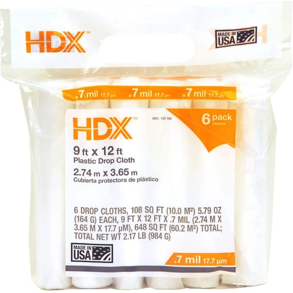 HDX 9 ft. x 12 ft. 0.7 mil Plastic Drop Cloth (6-Pack) 1 HDX 9 ft. x 12 ft. 0.7 mil Plastic Drop Cloth (6-Pack)