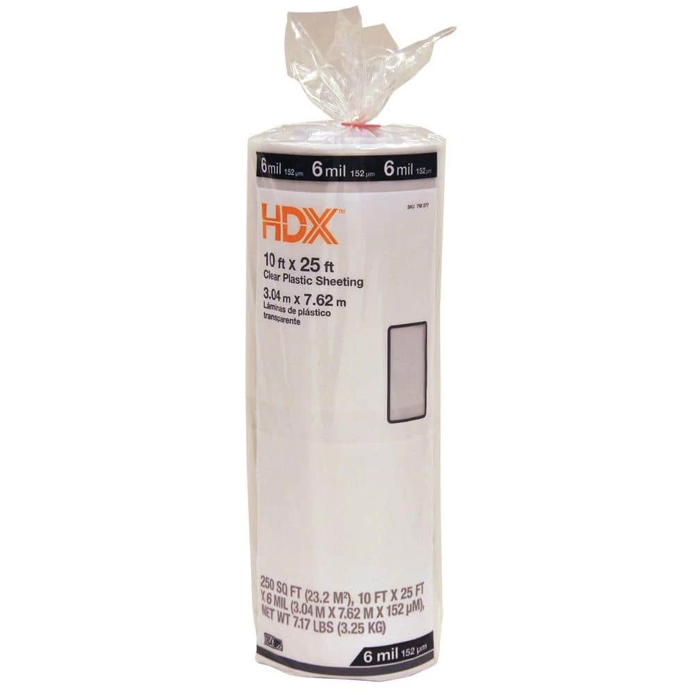 HDX 10 ft. x 25 ft. Clear 6 mil Plastic Sheeting 1 HDX 10 ft. x 25 ft. Clear 6 mil Plastic Sheeting