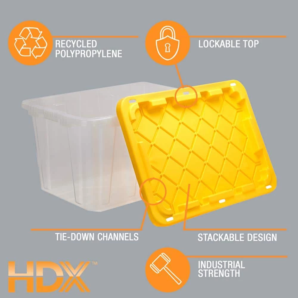 HDX 27 Gal. Storage Tote in Clear with Yellow Lid 4 HDX 27 Gal. Storage Tote in Clear with Yellow Lid - Image 4