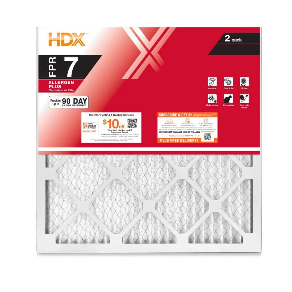 HDX 14 in. x 14 in. x 1 in. Allergen Plus Pleated Air Filter FPR 7 (2-Pack) 1 HDX 14 in. x 14 in. x 1 in. Allergen Plus Pleated Air Filter FPR 7 (2-Pack)
