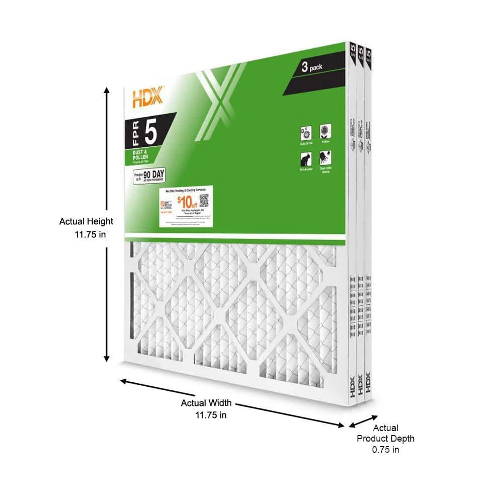 HDX 12 in. x 12 in. x 1 in. Standard Pleated Air Filter FPR 5 (3-Pack) 2 HDX 12 in. x 12 in. x 1 in. Standard Pleated Air Filter FPR 5 (3-Pack) - Image 2