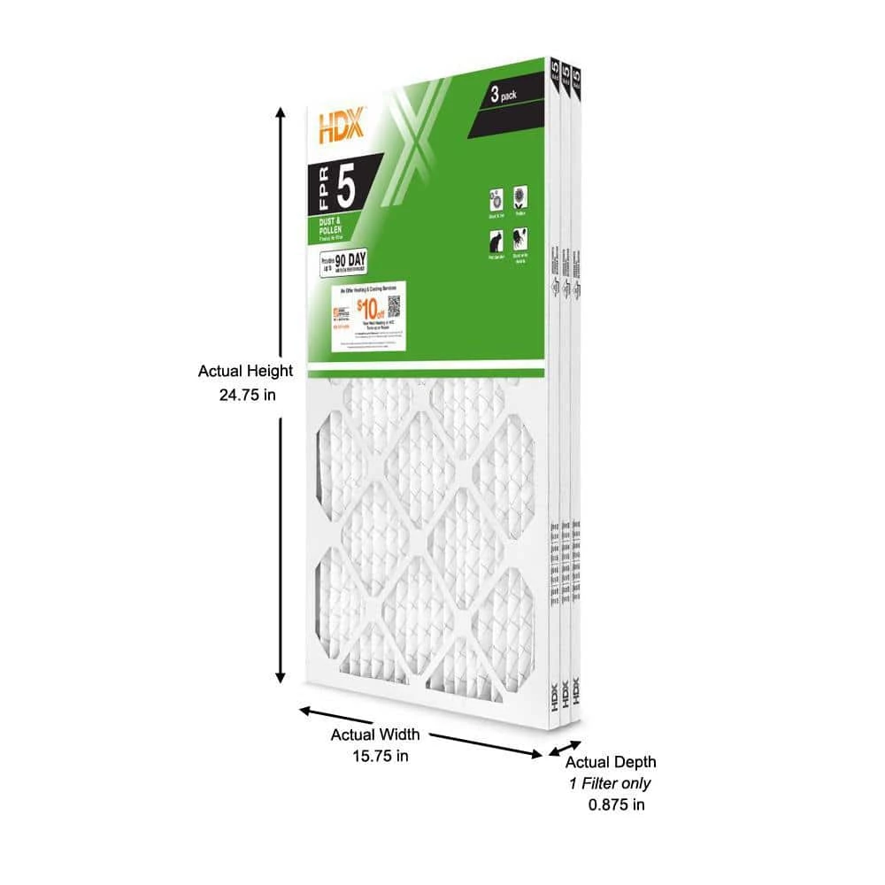 HDX 16 in. x 25 in. x 1 in. Standard Pleated Air Filter FPR 5 (3-Pack) 2 HDX 16 in. x 25 in. x 1 in. Standard Pleated Air Filter FPR 5 (3-Pack) - Image 2