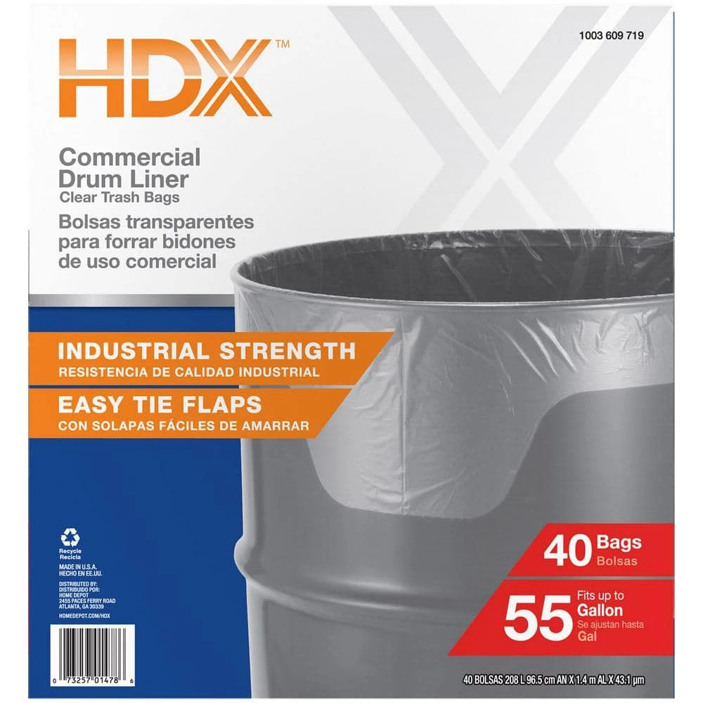 HDX 55 Gal. Clear Heavy-Duty Flap Tie Drum Liner Trash Bags (40-Count) 8 HDX 55 Gal. Clear Heavy-Duty Flap Tie Drum Liner Trash Bags (40-Count) - Image 8