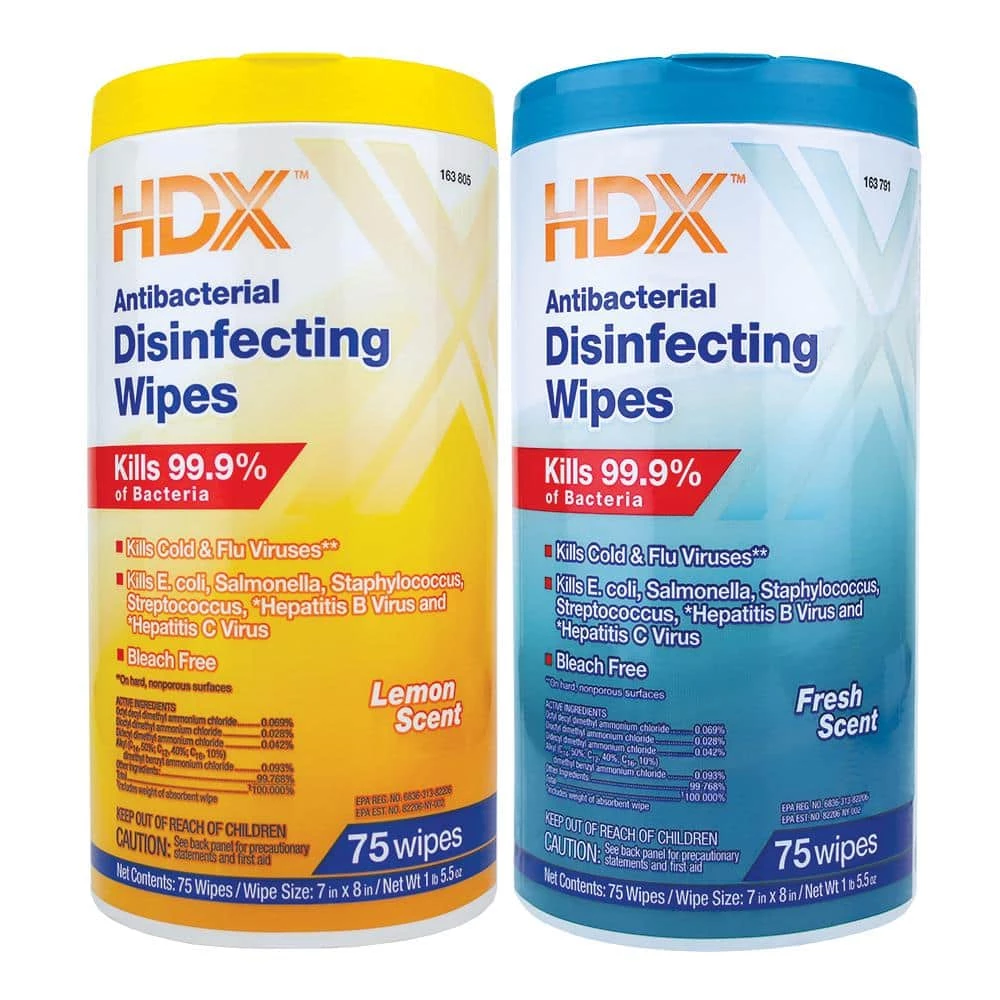 HDX 75-Count Fresh Scent and Lemon Scent Antibacterial Disinfecting Wipes (2-Pack) 1 HDX 75-Count Fresh Scent and Lemon Scent Antibacterial Disinfecting Wipes (2-Pack)