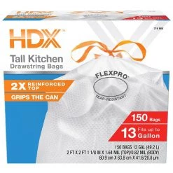 HDX FlexPro 13 Gal. Reinforced Top Drawstring Kitchen Bags (300-Count) -HDX Sales hdx garbage bags hd13xhf150w 2pk 4f 1000