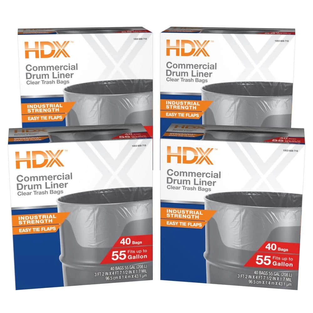 HDX 55 Gal. Clear Heavy-Duty Flap Tie Drum Liner Trash Bags (160-Count, 4-Pack, 40-Count Boxes) 1 HDX 55 Gal. Clear Heavy-Duty Flap Tie Drum Liner Trash Bags (160-Count, 4-Pack, 40-Count Boxes)