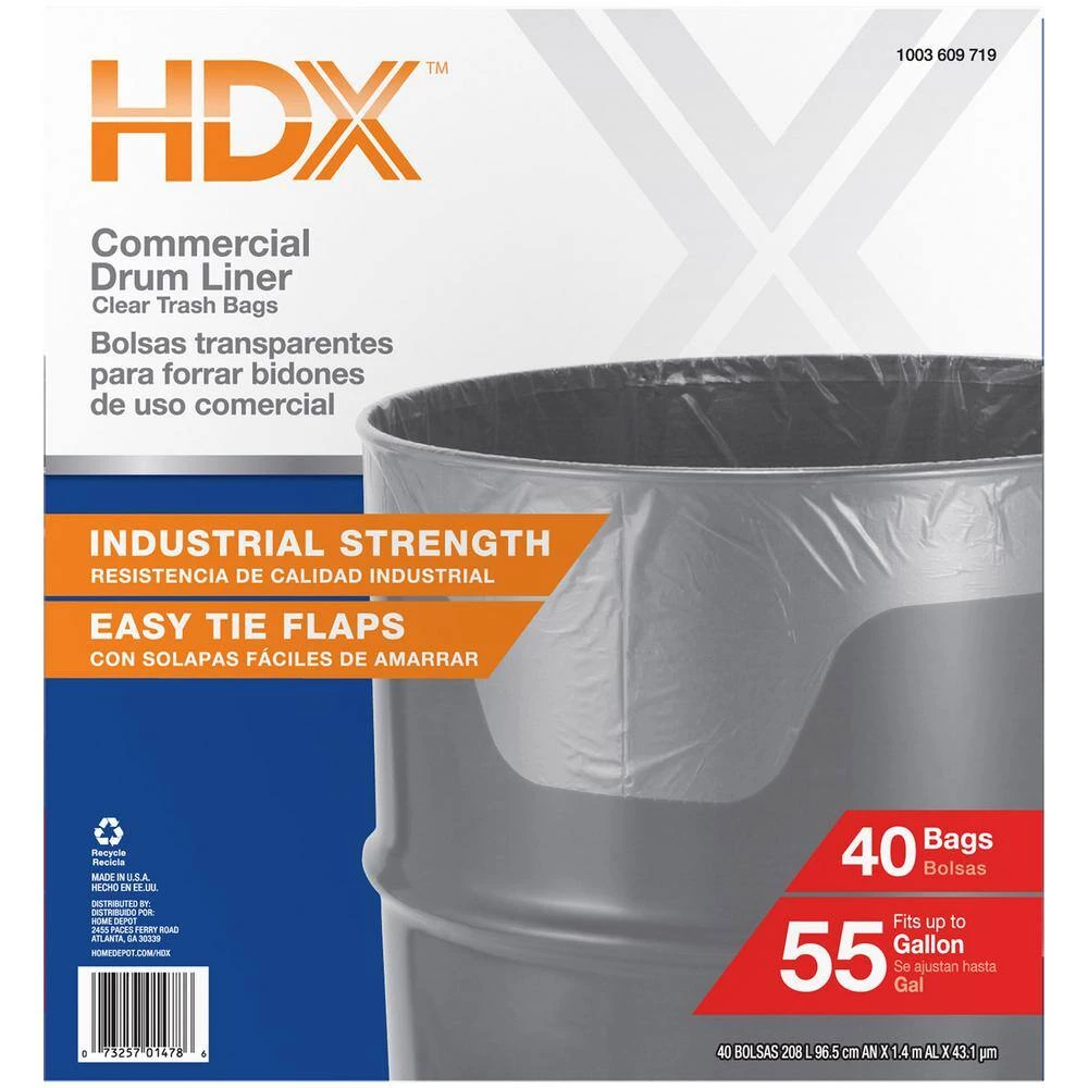 HDX 55 Gal. Clear Heavy-Duty Flap Tie Drum Liner Trash Bags (160-Count, 4-Pack, 40-Count Boxes) 9 HDX 55 Gal. Clear Heavy-Duty Flap Tie Drum Liner Trash Bags (160-Count, 4-Pack, 40-Count Boxes) - Image 9