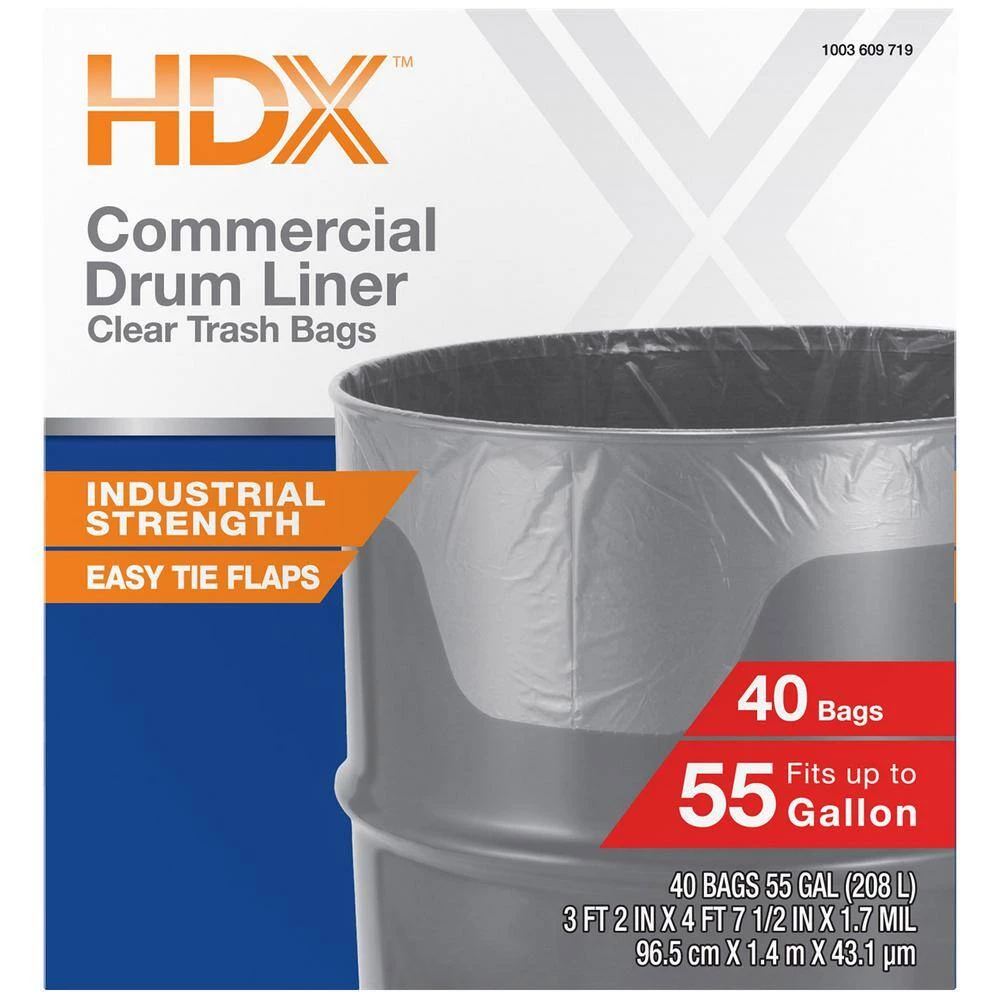 HDX 55 Gal. Clear Heavy-Duty Flap Tie Drum Liner Trash Bags (160-Count, 4-Pack, 40-Count Boxes) 8 HDX 55 Gal. Clear Heavy-Duty Flap Tie Drum Liner Trash Bags (160-Count, 4-Pack, 40-Count Boxes) - Image 8