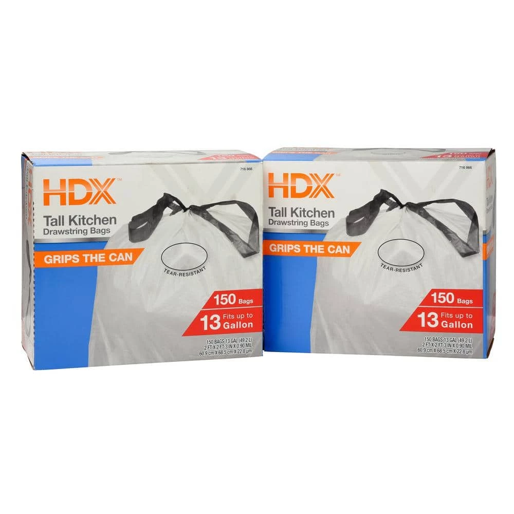HDX 13 Gal. White Drawstring Kitchen Trash Bags (150 Count), (Pack of 2) 1 HDX 13 Gal. White Drawstring Kitchen Trash Bags (150 Count), (Pack of 2)