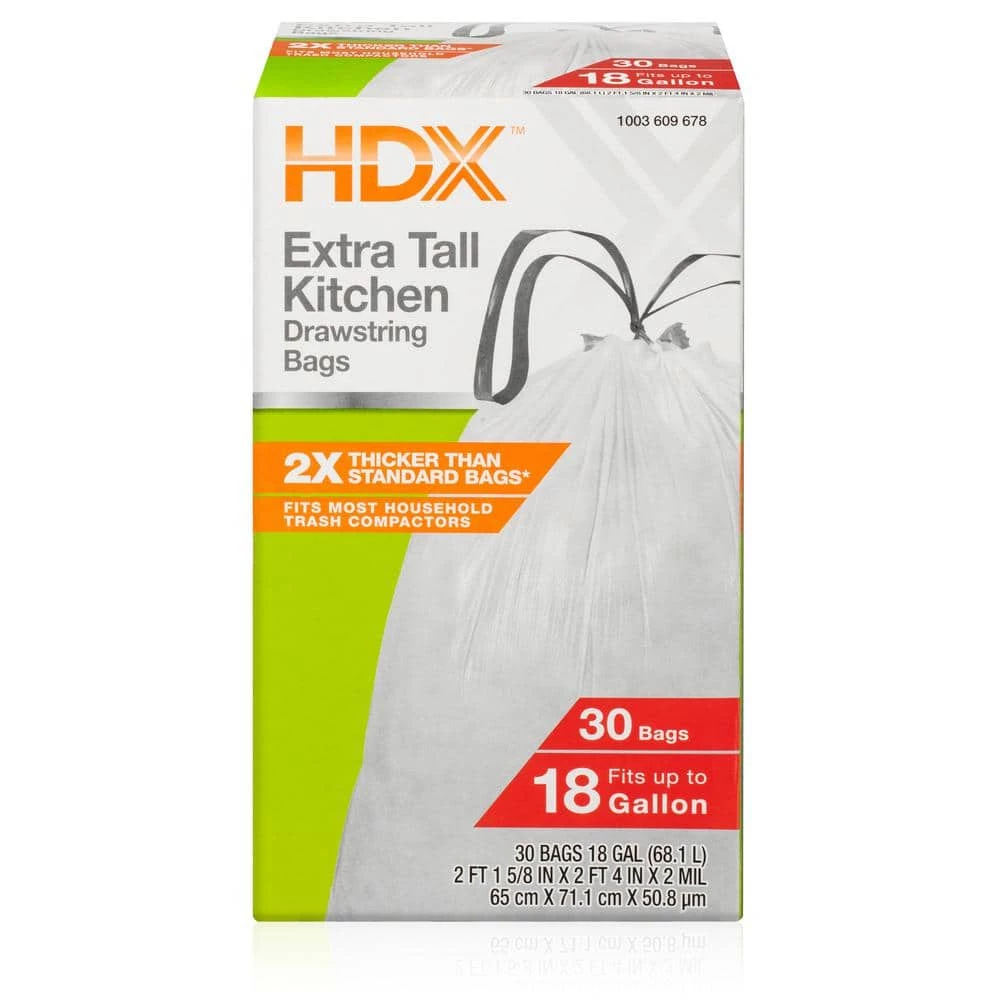 HDX 18 Gal. White Extra Tall Kitchen Drawstring Trash Bags (30-Count) - For Home, Kitchen, & Office 1 HDX 18 Gal. White Extra Tall Kitchen Drawstring Trash Bags (30-Count) - For Home, Kitchen, & Office