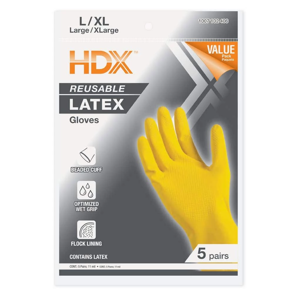 HDX Yellow 11 mil Reusable Latex Cleaning Glove - L/XL (5-Pair) 3 HDX Yellow 11 mil Reusable Latex Cleaning Glove - L/XL (5-Pair) - Image 3