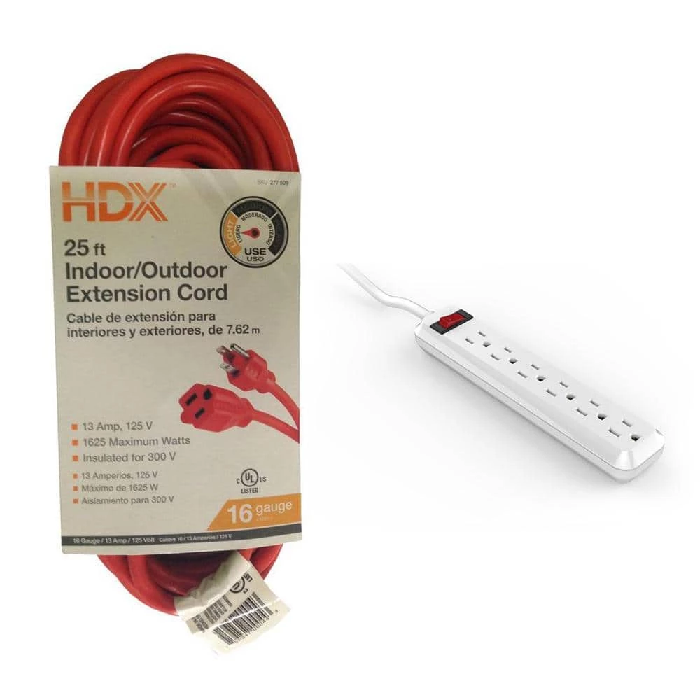 HDX 25 ft. 16/3 Light-Duty Indoor/Outdoor Extension Cord and 6-Outlet Power Strip Surge Protector with 3 ft. Cord 1 HDX 25 ft. 16/3 Light-Duty Indoor/Outdoor Extension Cord and 6-Outlet Power Strip Surge Protector with 3 ft. Cord