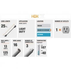 HDX 25 ft. 16/3 Light-Duty Indoor/Outdoor Extension Cord, Orange -HDX Sales orange hdx general purpose cords hd 277 509 40 1000