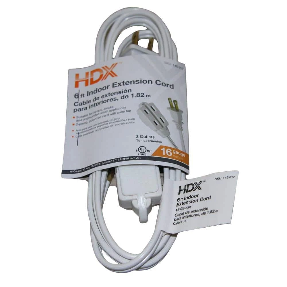 HDX 6 ft. 16/2 Indoor Cube Tap Extension Cord, White 1 HDX 6 ft. 16/2 Indoor Cube Tap Extension Cord, White