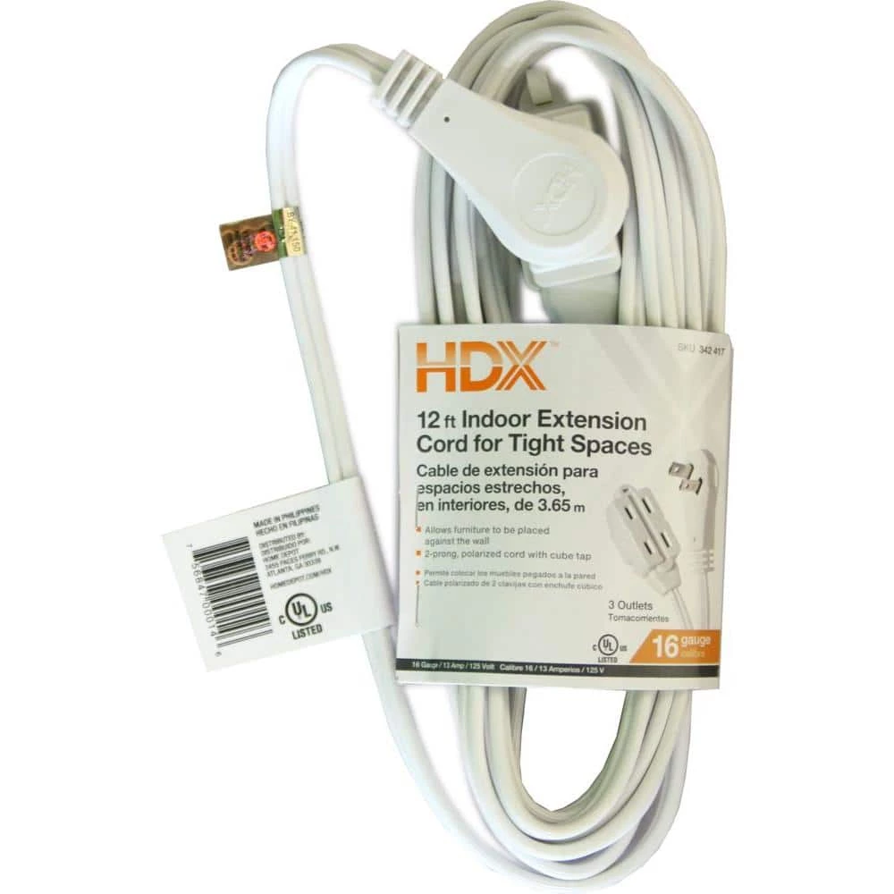 HDX 12 ft. 16/2 Indoor Tight Space Cube Tap Extension Cord, White 1 HDX 12 ft. 16/2 Indoor Tight Space Cube Tap Extension Cord, White