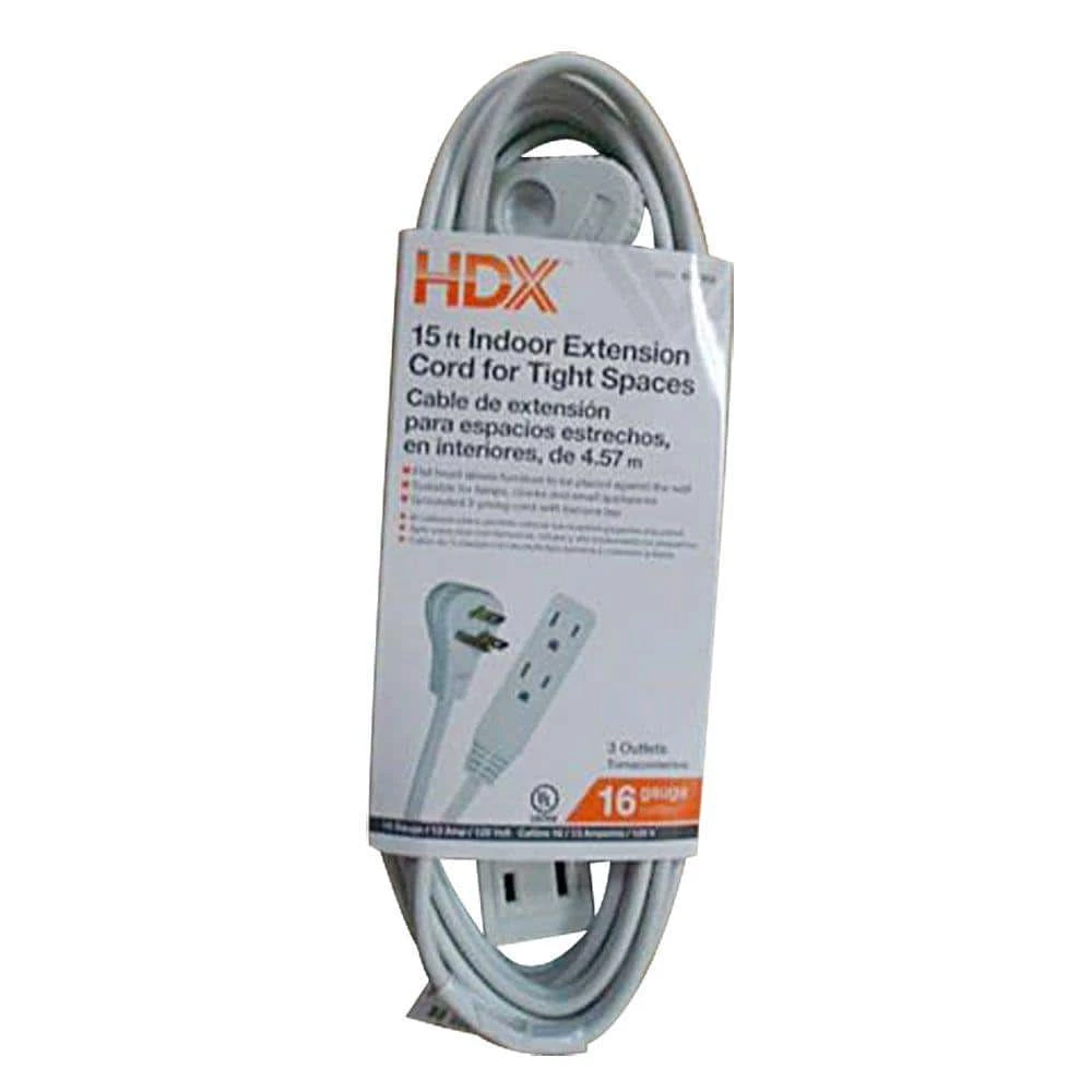 HDX 15 ft. 16/3 Indoor Tight Space Cube Tap Extension Cord, White 1 HDX 15 ft. 16/3 Indoor Tight Space Cube Tap Extension Cord, White