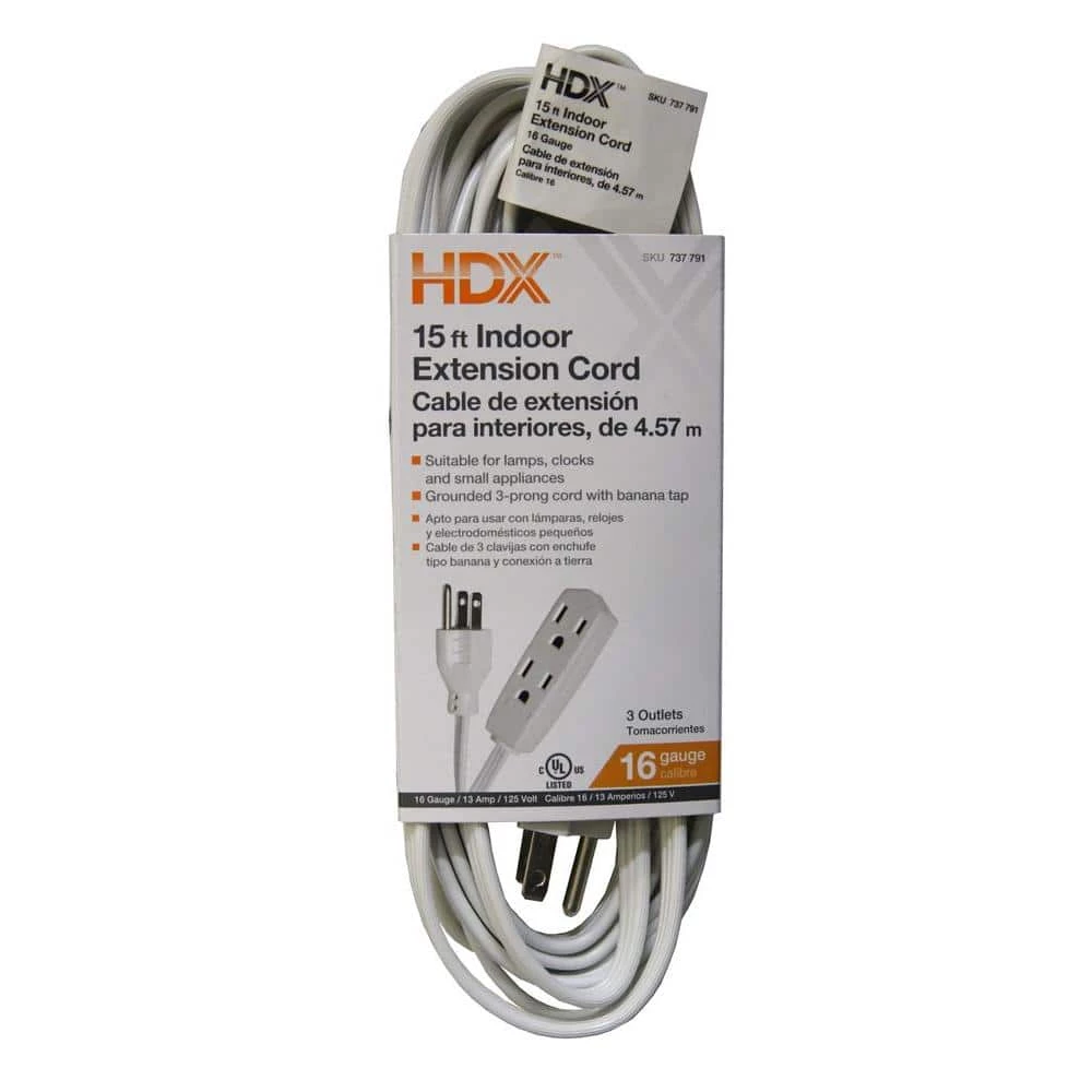 HDX 15 ft. 16/3 Indoor Banana Tap Extension Cord, White 1 HDX 15 ft. 16/3 Indoor Banana Tap Extension Cord, White