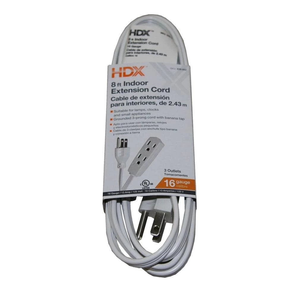 HDX 8 ft. 16/3 Indoor Banana Tap Extension Cord, White 1 HDX 8 ft. 16/3 Indoor Banana Tap Extension Cord, White