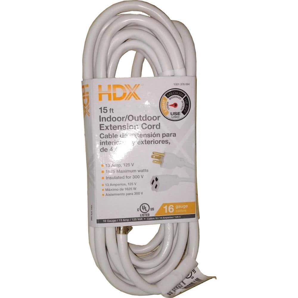 HDX 15 ft. 16/3 Indoor/Outdoor Extension Cord, White 1 HDX 15 ft. 16/3 Indoor/Outdoor Extension Cord, White